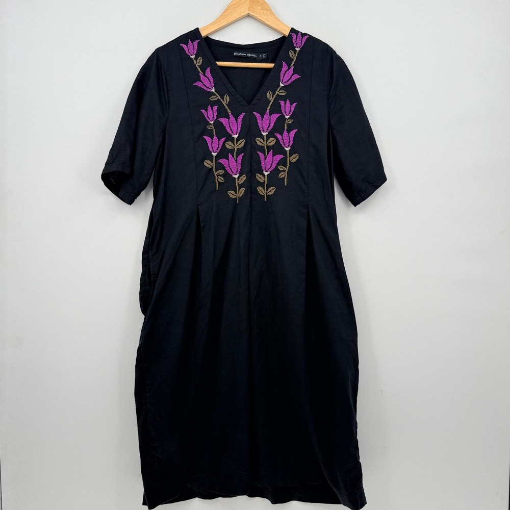 Gudrun Sjoden Dress Womens Small Black Purple Floral Needlepoint Linen Lagenlook
